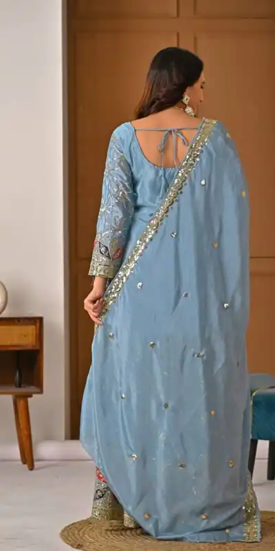 MD 3092 Sky Blue Chinnon Silk Salwar Suit Perfect for Wedding, Party, Ganesh Chaturthi, Baby Shower, Makar Sankranti – . Affordable Price ₹2449. De | Jump Suits, Straight Suits, Casual Suits, Creative suits, Designer Suits, Palazzo Suits, Party Wear Suits, Patiala Suits, Salwar suit