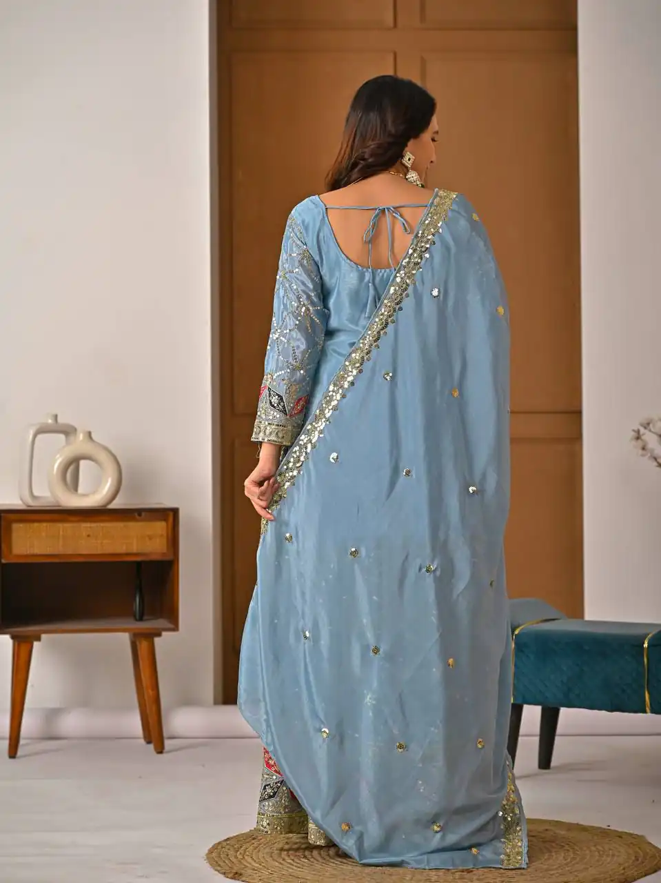 MD 3092 Sky Blue Chinnon Silk Salwar Suit Perfect for Wedding, Party, Ganesh Chaturthi, Baby Shower, Makar Sankranti – . Affordable Price ₹2449. De | Jump Suits, Straight Suits, Casual Suits, Creative suits, Designer Suits, Palazzo Suits, Party Wear Suits, Patiala Suits, Salwar suit