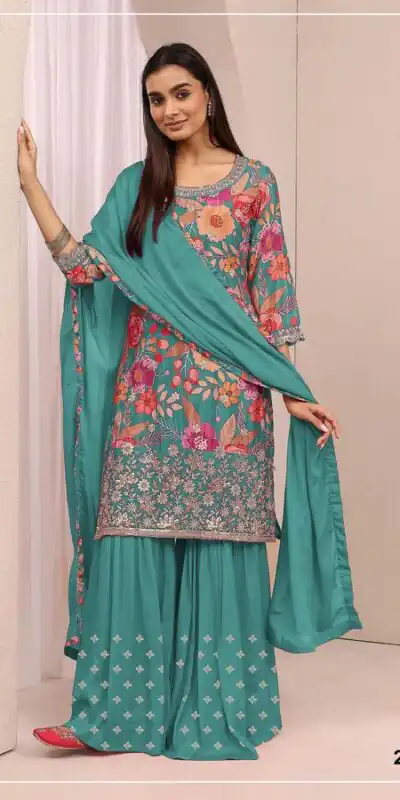 FC 2114 Firozi Chinon Salwar Suit with Embroidery Work & Digital Print. Festive Deal ₹2449. Delivery 4-6 Working Days. Shop now. | Jump Suits, Straight Suits, Casual Suits, Creative suits, Designer Suits, Palazzo Suits, Party Wear Suits, Patiala Suits, Salwar suit
