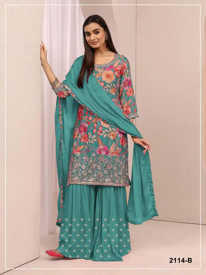 FC 2114 Firozi Chinon Salwar Suit with Embroidery Work & Digital Print. Festive Deal ₹2449. Delivery 4-6 Working Days. Shop now. | Jump Suits, Straight Suits, Casual Suits, Creative suits, Designer Suits, Palazzo Suits, Party Wear Suits, Patiala Suits, Salwar suit