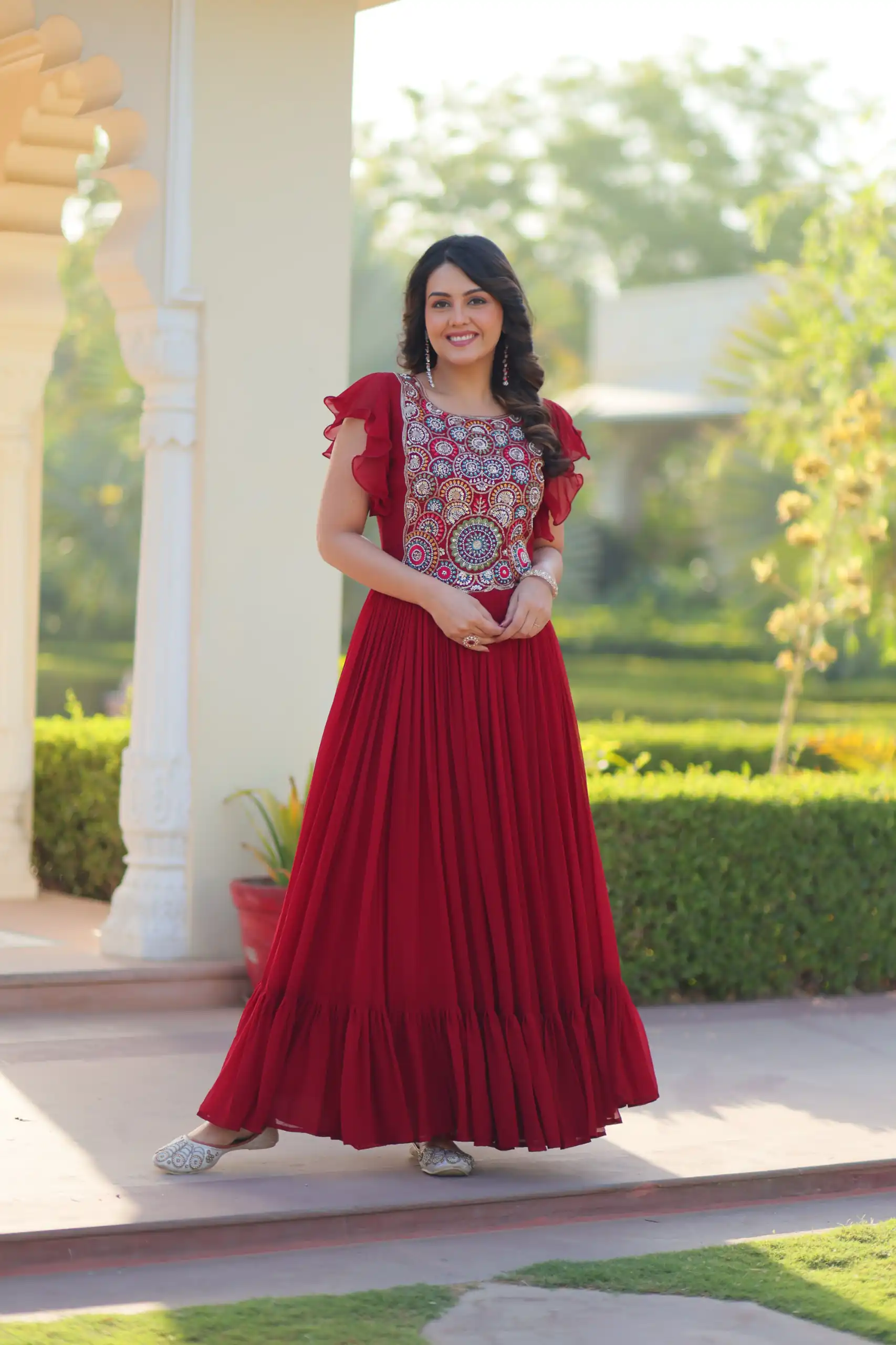 KA 1179 Maroon Faux Blooming Gown with Embroidery Work & Sequins Work. Special Price ₹1769. Delivery 4-6 Working Days. Shop now. | Bollywood Gowns, Creative Gowns, Designer Gowns, Embroidered Gowns, Gowns, Party Wear Gowns