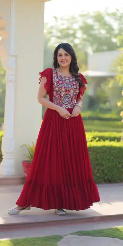 KA 1179 Maroon Faux Blooming Gown with Embroidery Work & Sequins Work. Special Price ₹1769. Delivery 4-6 Working Days. Shop now. | Bollywood Gowns, Creative Gowns, Designer Gowns, Embroidered Gowns, Gowns, Party Wear Gowns