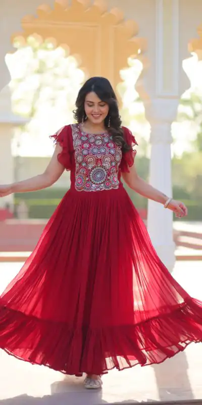 KA 1179 Maroon Faux Blooming Gown with Embroidery Work & Sequins Work. Special Price ₹1769. Delivery 4-6 Working Days. Shop now. | Bollywood Gowns, Creative Gowns, Designer Gowns, Embroidered Gowns, Gowns, Party Wear Gowns