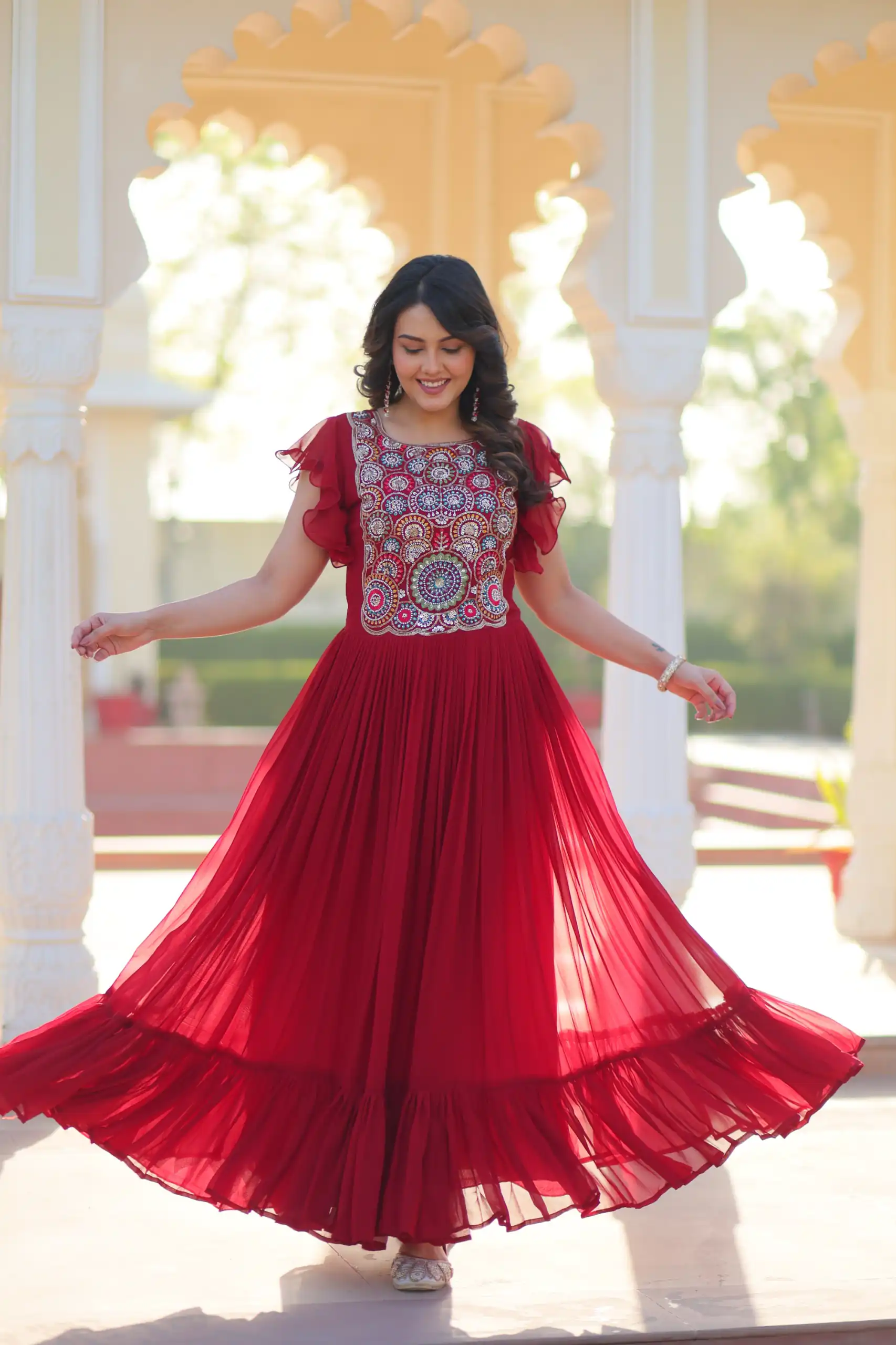 KA 1179 Maroon Faux Blooming Gown with Embroidery Work & Sequins Work. Special Price ₹1769. Delivery 4-6 Working Days. Shop now. | Bollywood Gowns, Creative Gowns, Designer Gowns, Embroidered Gowns, Gowns, Party Wear Gowns