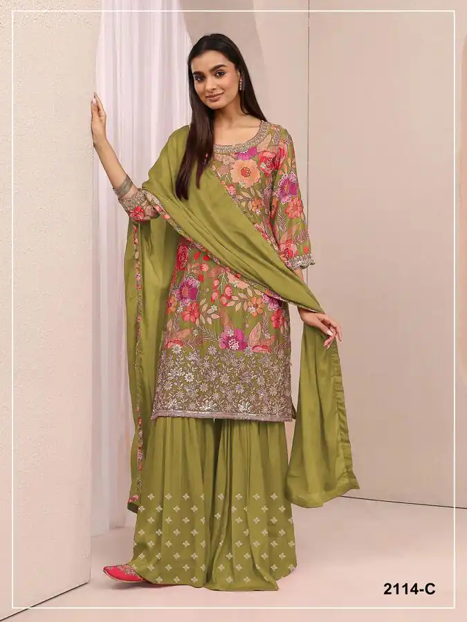 FC 2114 Mehandi Chinon Salwar Suit with Embroidery Work & Digital Print. Festive Deal ₹2449. Delivery 4-6 Working Days. Shop now. | Jump Suits, Straight Suits, Casual Suits, Creative suits, Designer Suits, Palazzo Suits, Party Wear Suits, Patiala Suits, Salwar suit