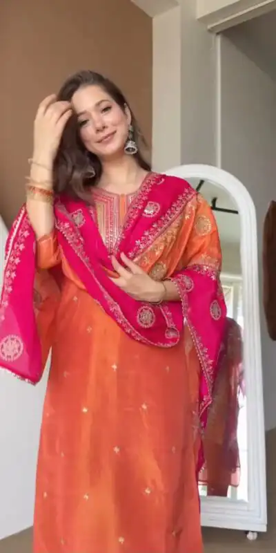 DC 119 Orange Chinon Salwar Suit with Embroidery Work & Digital Print. Festive Deal ₹1899. Delivery 4-6 Working Days. Shop now. | Jump Suits, Straight Suits, Casual Suits, Creative suits, Designer Suits, Palazzo Suits, Party Wear Suits, Patiala Suits, Salwar suit