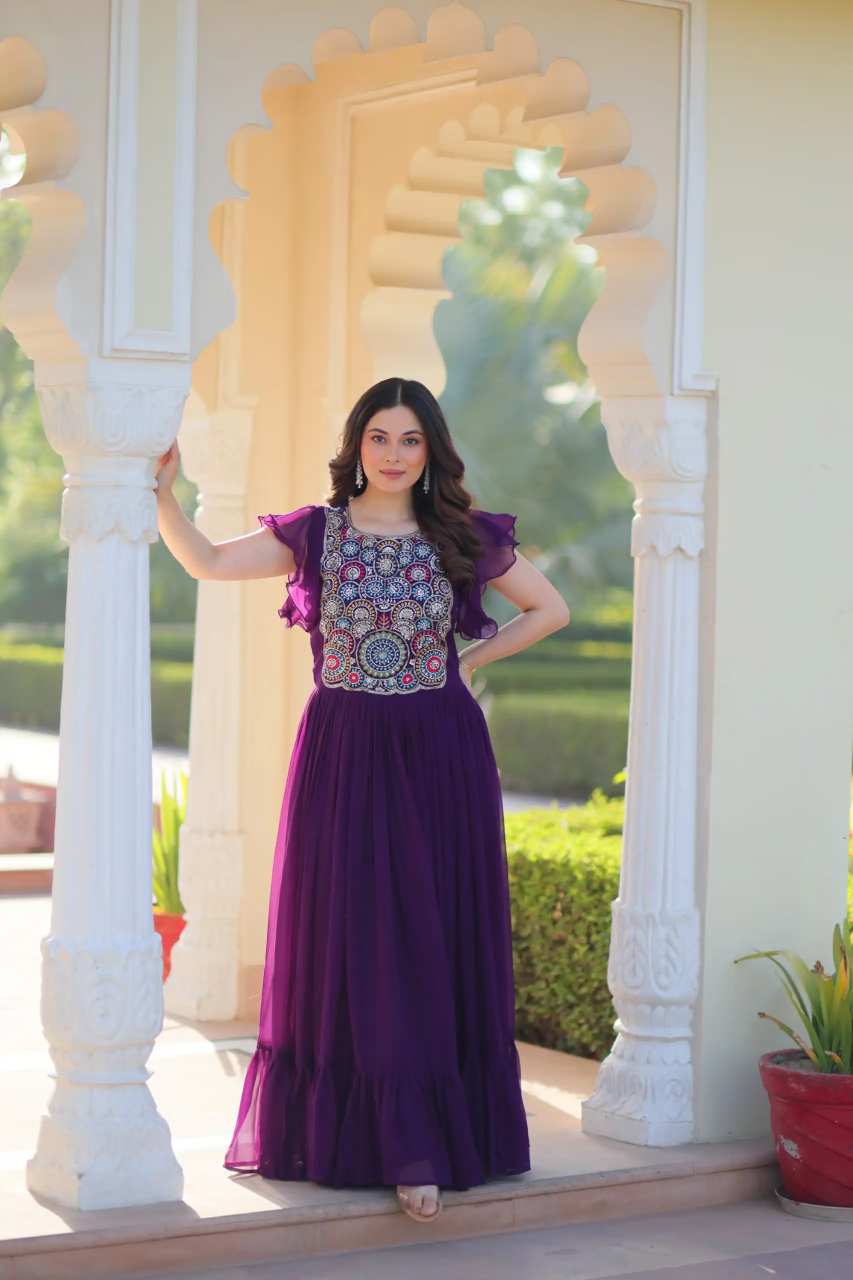 KA 1179 Purple Faux Blooming Gown with Embroidery Work & Sequins Work. Special Price ₹1769. Delivery 4-6 Working Days. Shop now. | Bollywood Gowns, Creative Gowns, Designer Gowns, Embroidered Gowns, Gowns, Party Wear Gowns