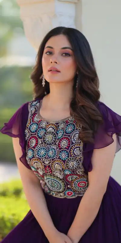 KA 1179 Purple Faux Blooming Gown with Embroidery Work & Sequins Work. Special Price ₹1769. Delivery 4-6 Working Days. Shop now. | Bollywood Gowns, Creative Gowns, Designer Gowns, Embroidered Gowns, Gowns, Party Wear Gowns