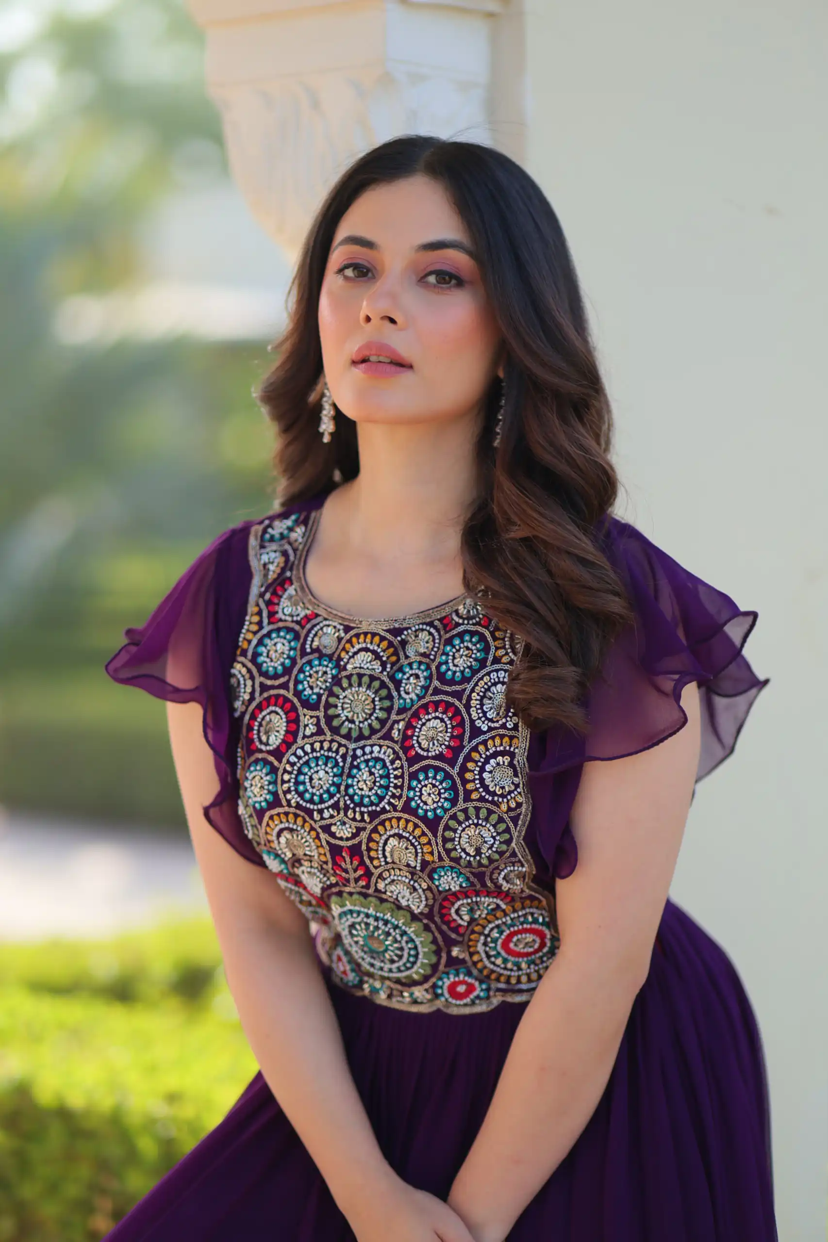 KA 1179 Purple Faux Blooming Gown with Embroidery Work & Sequins Work. Special Price ₹1769. Delivery 4-6 Working Days. Shop now. | Bollywood Gowns, Creative Gowns, Designer Gowns, Embroidered Gowns, Gowns, Party Wear Gowns
