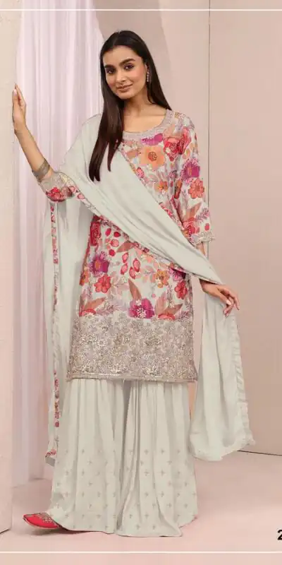 FC 2114 White Chinon Salwar Suit with Embroidery Work & Digital Print. Festive Deal ₹2449. Delivery 4-6 Working Days. Shop now. | Jump Suits, Straight Suits, Casual Suits, Creative suits, Designer Suits, Palazzo Suits, Party Wear Suits, Patiala Suits, Salwar suit