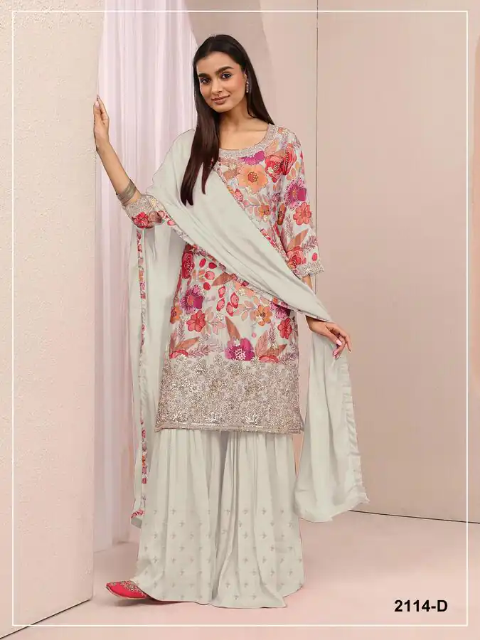 FC 2114 White Chinon Salwar Suit with Embroidery Work & Digital Print. Festive Deal ₹2449. Delivery 4-6 Working Days. Shop now. | Jump Suits, Straight Suits, Casual Suits, Creative suits, Designer Suits, Palazzo Suits, Party Wear Suits, Patiala Suits, Salwar suit
