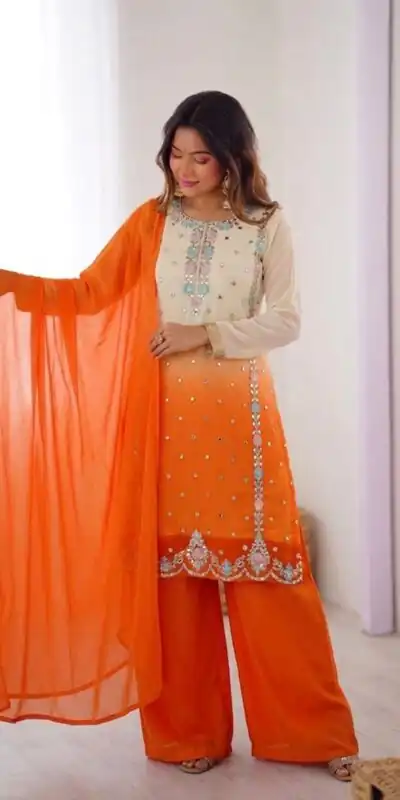 SR 1712 Orange Color Faux Georgette Salwar Suit with Designer Work. Affordable Price ₹1999. Delivery 4-6 Working Days. Shop now. | Jump Suits, Straight Suits, Casual Suits, Creative suits, Designer Suits, Palazzo Suits, Party Wear Suits, Patiala Suits, Salwar suit