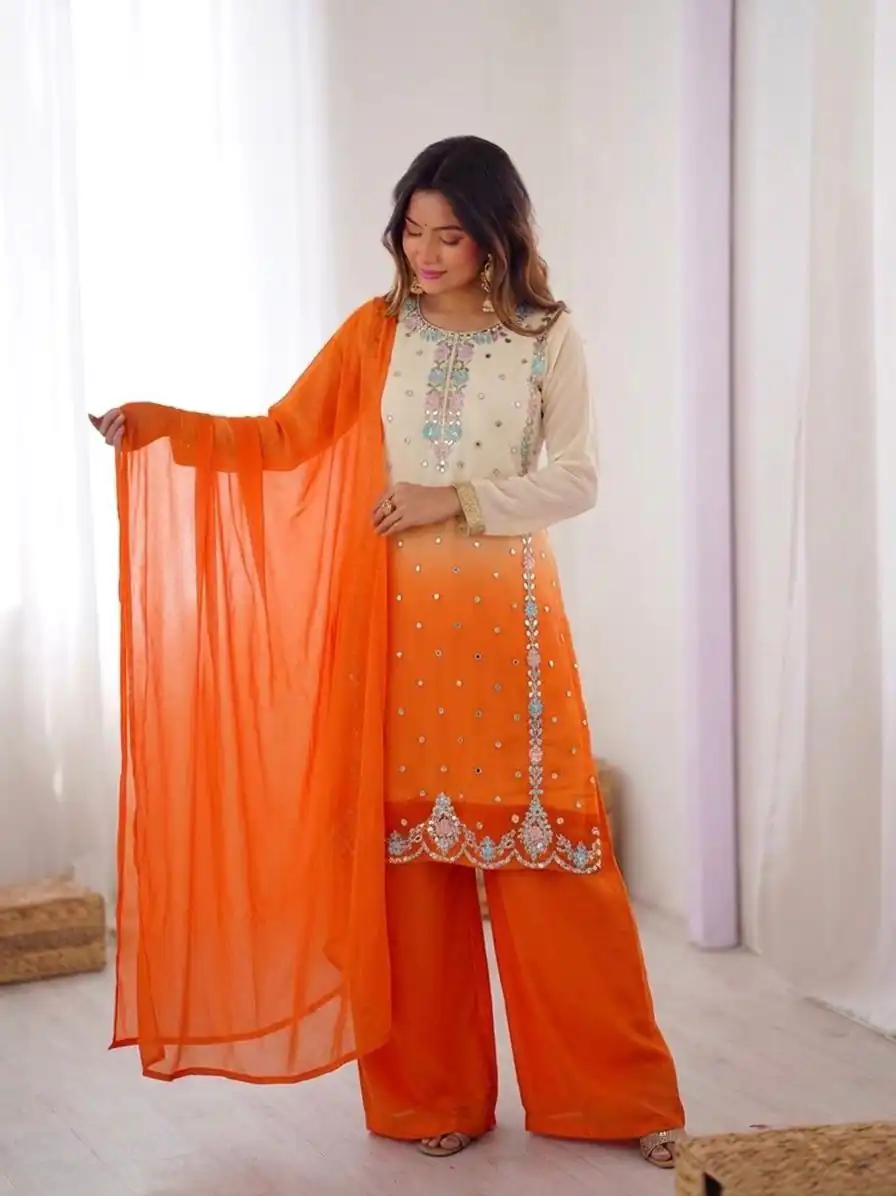 SR 1712 Orange Color Faux Georgette Salwar Suit with Designer Work. Affordable Price ₹1999. Delivery 4-6 Working Days. Shop now. | Jump Suits, Straight Suits, Casual Suits, Creative suits, Designer Suits, Palazzo Suits, Party Wear Suits, Patiala Suits, Salwar suit