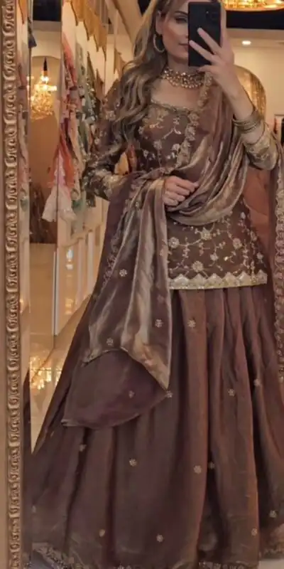 MF 473 Brown in Color Fandy Silk Designer Work Lehenga Choli . Affordable Price ₹2399. Delivery 4-6 Working Days. Shop now. | Bollywood Lehenga, Creative Lehenga, Designer Lehenga, Embroidered Lehenga, Lehenga, Party Wear Lehenga