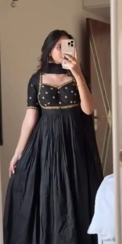 RTC 6024 Black Color Vichitra Silk Thread Sequence Work Gown . Exclusive Offer ₹1999. Delivery 4-6 Working Days. Shop now. | Bollywood Gowns, Creative Gowns, Designer Gowns, Embroidered Gowns, Gowns, Party Wear Gowns