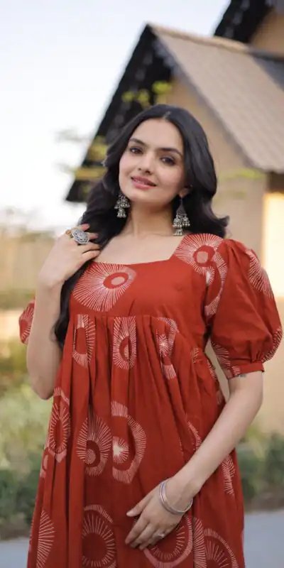 KA 1249 Rust Color Cotton Kurti with Printed Designer Work. Exclusive Offer ₹1519. Delivery 4-6 Working Days. Online Shop now. | Bollywood Kurti, Creative Kurtis, Designer Kurti, Kurti, Party Wear Kurti, Selfie Kurti
