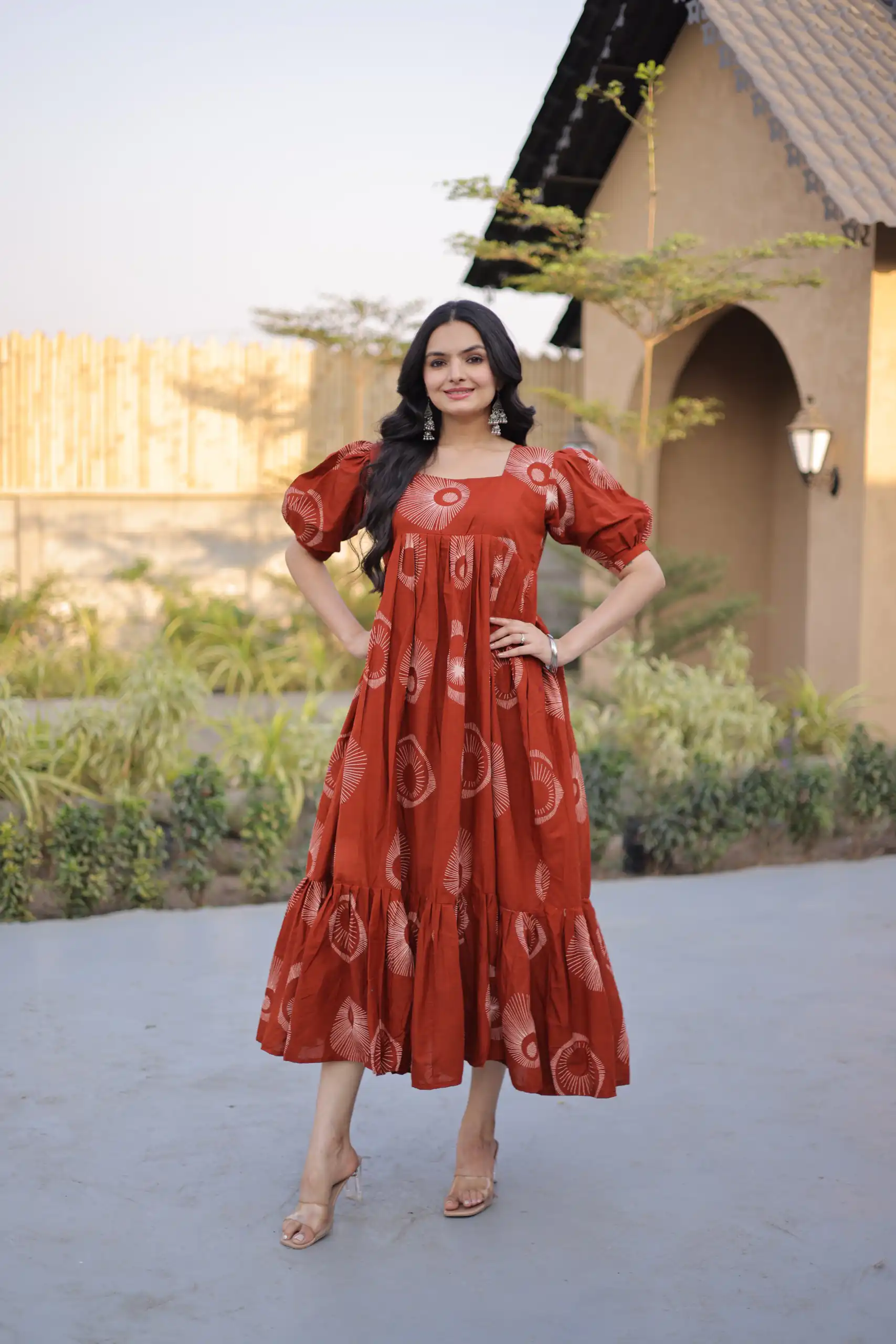 KA 1249 Rust Color Cotton Kurti with Printed Designer Work. Exclusive Offer ₹1519. Delivery 4-6 Working Days. Online Shop now. | Bollywood Kurti, Creative Kurtis, Designer Kurti, Kurti, Party Wear Kurti, Selfie Kurti