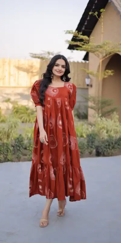 KA 1249 Rust Color Cotton Kurti with Printed Designer Work. Exclusive Offer ₹1519. Delivery 4-6 Working Days. Online Shop now. | Bollywood Kurti, Creative Kurtis, Designer Kurti, Kurti, Party Wear Kurti, Selfie Kurti