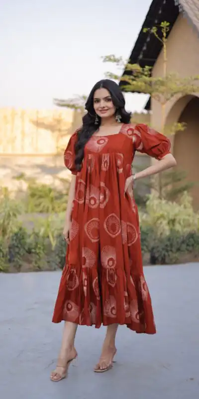 KA 1249 Rust Color Cotton Kurti with Printed Designer Work. Exclusive Offer ₹1519. Delivery 4-6 Working Days. Online Shop now. | Bollywood Kurti, Creative Kurtis, Designer Kurti, Kurti, Party Wear Kurti, Selfie Kurti