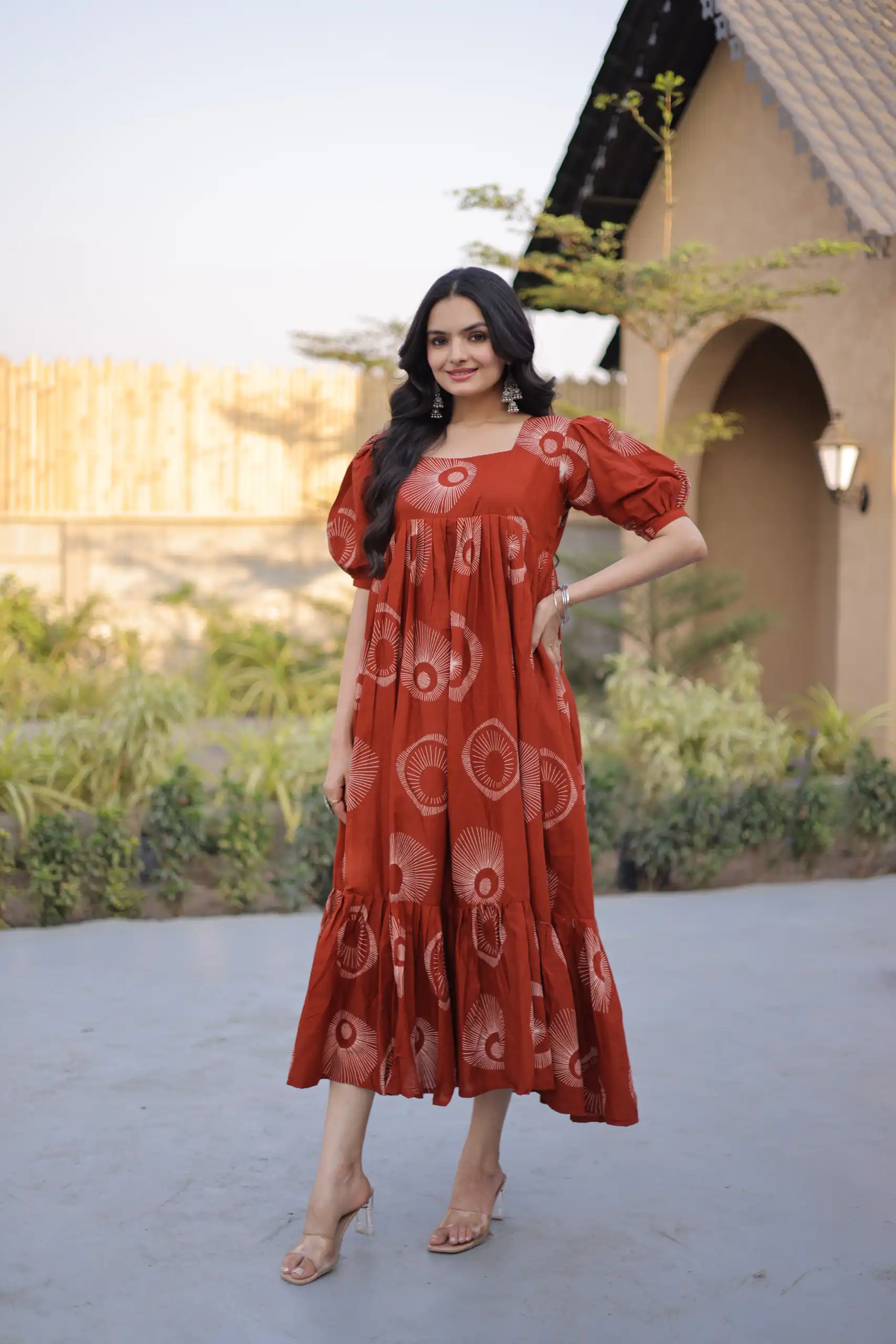 KA 1249 Rust Color Cotton Kurti with Printed Designer Work. Exclusive Offer ₹1519. Delivery 4-6 Working Days. Online Shop now. | Bollywood Kurti, Creative Kurtis, Designer Kurti, Kurti, Party Wear Kurti, Selfie Kurti