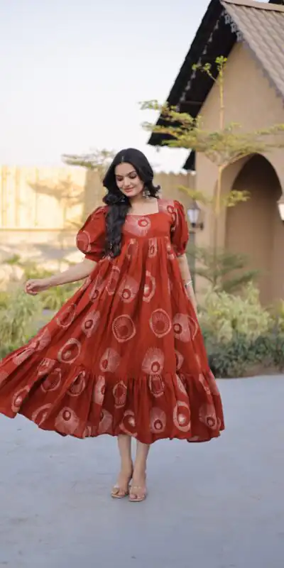KA 1249 Rust Color Cotton Kurti with Printed Designer Work. Exclusive Offer ₹1519. Delivery 4-6 Working Days. Online Shop now. | Bollywood Kurti, Creative Kurtis, Designer Kurti, Kurti, Party Wear Kurti, Selfie Kurti