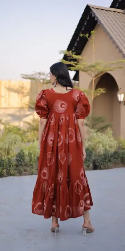 KA 1249 Rust Color Cotton Kurti with Printed Designer Work. Exclusive Offer ₹1519. Delivery 4-6 Working Days. Online Shop now. | Bollywood Kurti, Creative Kurtis, Designer Kurti, Kurti, Party Wear Kurti, Selfie Kurti