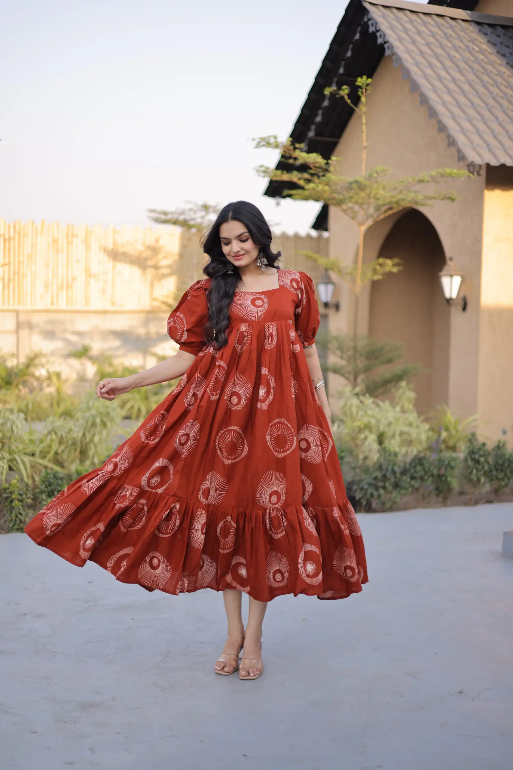 KA 1249 Rust Color Cotton Kurti with Printed Designer Work. Exclusive Offer ₹1519. Delivery 4-6 Working Days. Online Shop now. | Bollywood Kurti, Creative Kurtis, Designer Kurti, Kurti, Party Wear Kurti, Selfie Kurti
