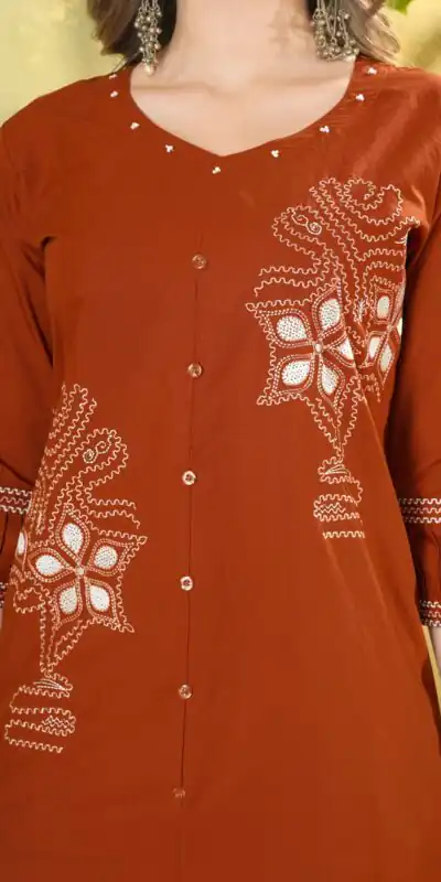 DIVA 162 Rust Color Cotton Kurti with Printed Designer Work. Exclusive Offer ₹1749. Delivery 4-6 Working Days. Online Shop now. | Bollywood Kurti, Creative Kurtis, Designer Kurti, Kurti, Party Wear Kurti, Selfie Kurti