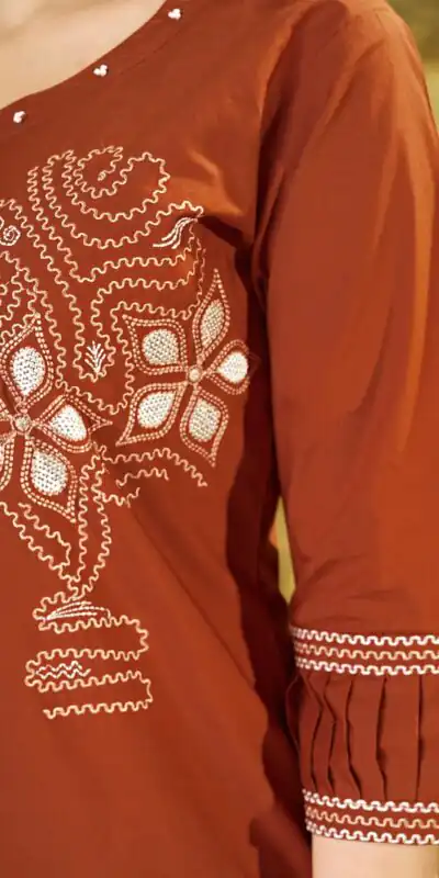 DIVA 162 Rust Color Cotton Kurti with Printed Designer Work. Exclusive Offer ₹1749. Delivery 4-6 Working Days. Online Shop now. | Bollywood Kurti, Creative Kurtis, Designer Kurti, Kurti, Party Wear Kurti, Selfie Kurti