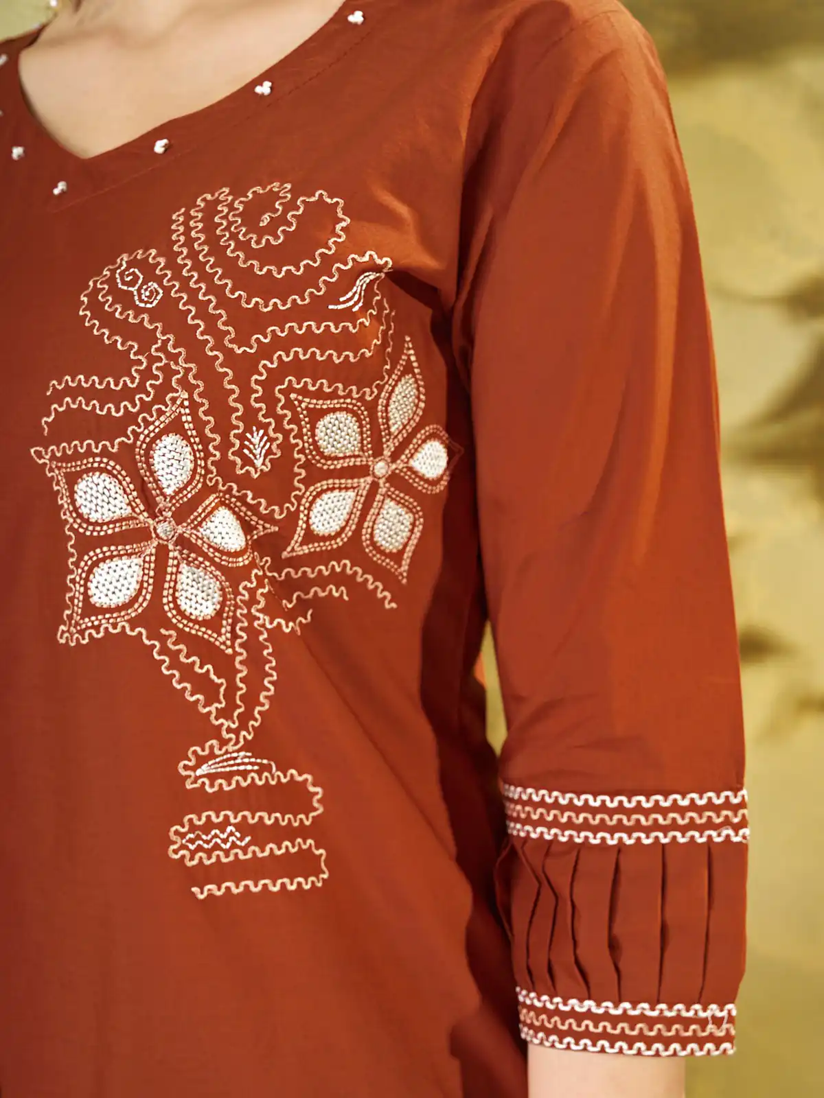DIVA 162 Rust Color Cotton Kurti with Printed Designer Work. Exclusive Offer ₹1749. Delivery 4-6 Working Days. Online Shop now. | Bollywood Kurti, Creative Kurtis, Designer Kurti, Kurti, Party Wear Kurti, Selfie Kurti