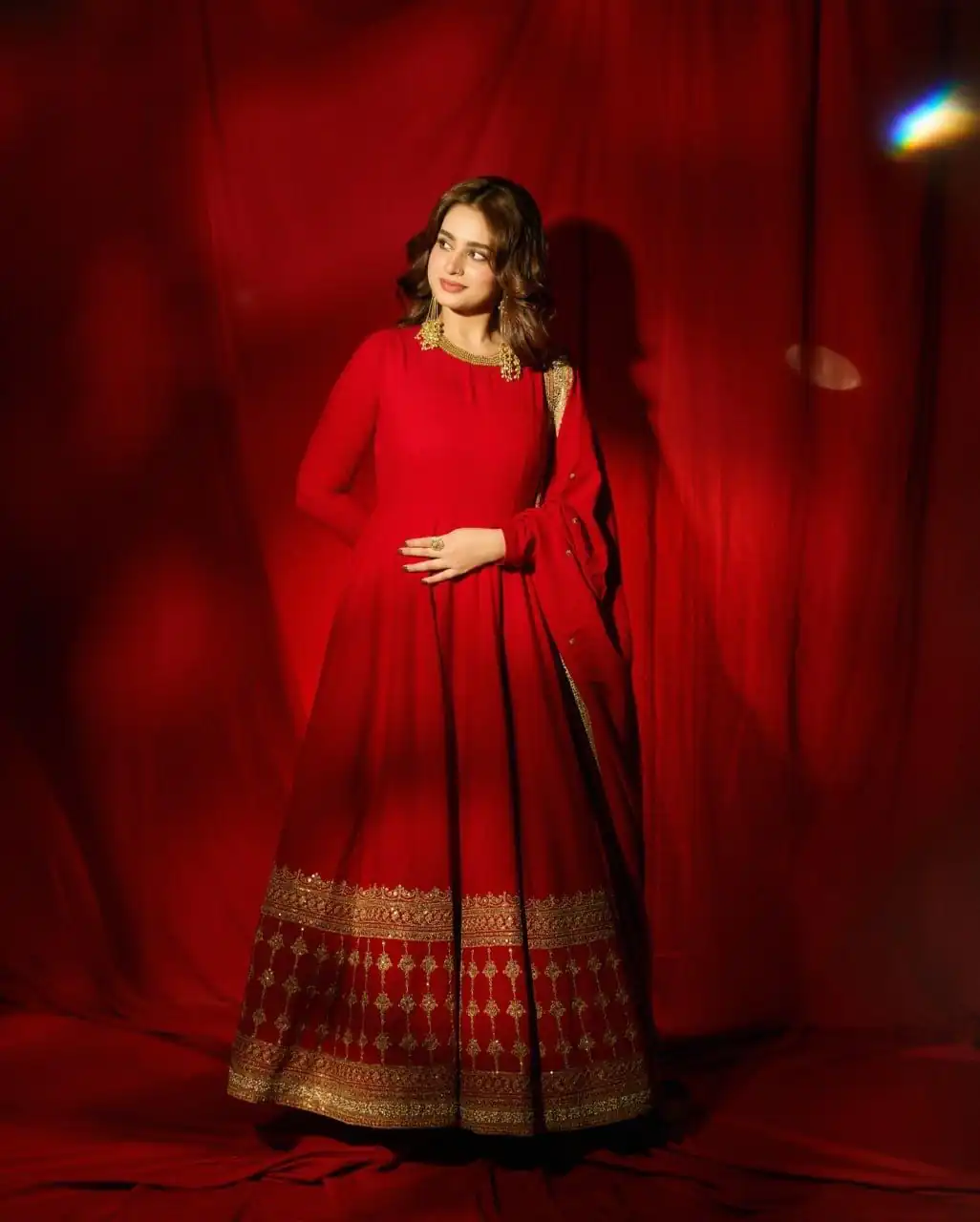 Bright Red Vichitra Silk Thread Sequence Work Gown
