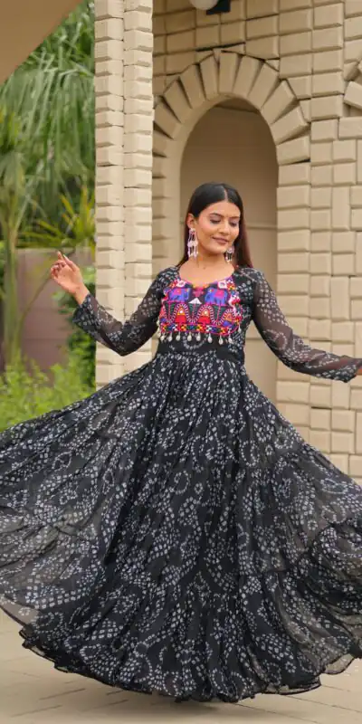 Ram 122 Black in Faux Georgette. Embroidery Work & Mirror Work Gown Festive Deal ₹1949. Delivery 4-6 Working Days. Shop now. | Bollywood Gowns, Creative Gowns, Designer Gowns, Embroidered Gowns, Gowns, Party Wear Gowns