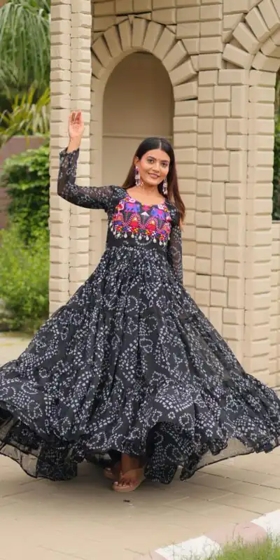 Ram 122 Black in Faux Georgette. Embroidery Work & Mirror Work Gown Festive Deal ₹1949. Delivery 4-6 Working Days. Shop now. | Bollywood Gowns, Creative Gowns, Designer Gowns, Embroidered Gowns, Gowns, Party Wear Gowns