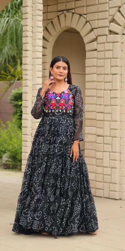 Ram 122 Black in Faux Georgette. Embroidery Work & Mirror Work Gown Festive Deal ₹1949. Delivery 4-6 Working Days. Shop now. | Bollywood Gowns, Creative Gowns, Designer Gowns, Embroidered Gowns, Gowns, Party Wear Gowns