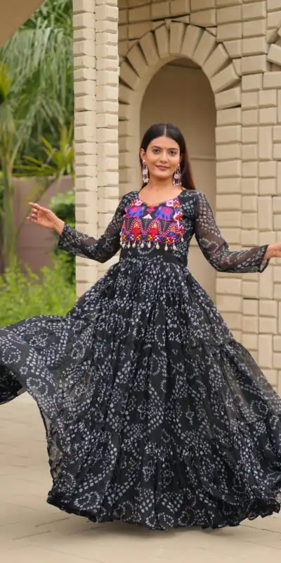 Ram 122 Black in Faux Georgette. Embroidery Work & Mirror Work Gown Festive Deal ₹1949. Delivery 4-6 Working Days. Shop now. | Bollywood Gowns, Creative Gowns, Designer Gowns, Embroidered Gowns, Gowns, Party Wear Gowns