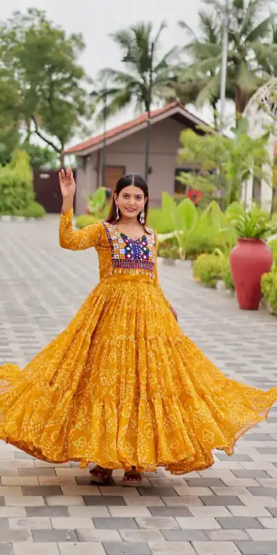 Ram 122 Mustard in Foux Georgette. Embroidery Work & Mirror Work Gown Festive Deal ₹1949. Delivery 4-6 Working Days. Shop now. | Bollywood Gowns, Creative Gowns, Designer Gowns, Embroidered Gowns, Gowns, Party Wear Gowns