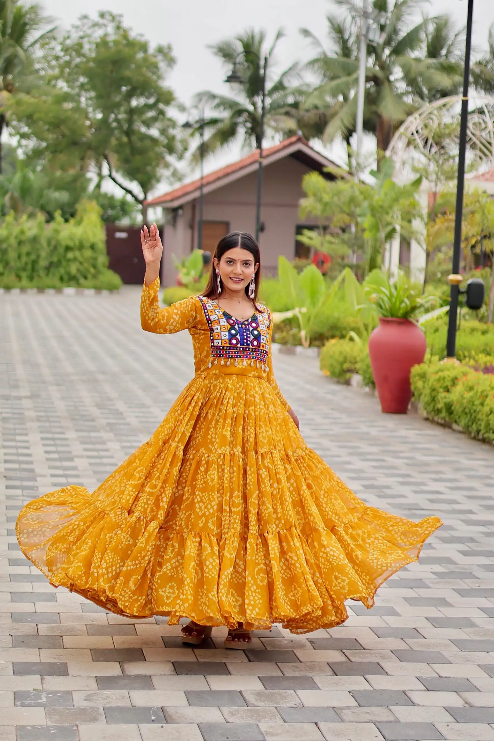 Classic Mustard Faux Georgette Embroidery Work Gown