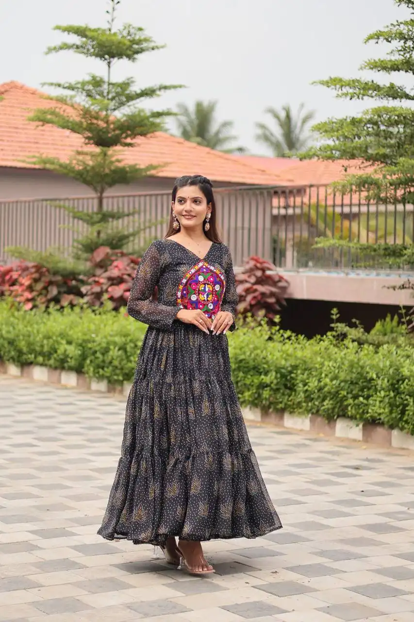 Ram 121 Black Color Faux Georgette Gown with Mirror Work. Wedding, Party, Festive, Events Get it for ₹1549. Delivery 4-6 Working Days.Online Shop now. | Bollywood Gowns, Creative Gowns, Designer Gowns, Embroidered Gowns, Gowns, Party Wear Gowns