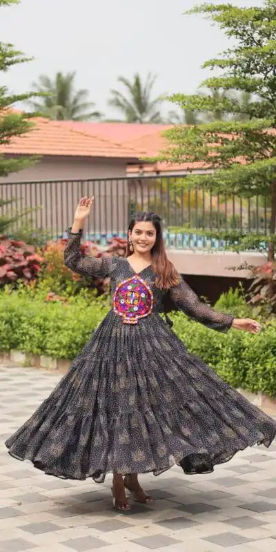 Ram 121 Black Color Faux Georgette Gown with Mirror Work. Wedding, Party, Festive, Events Get it for ₹1549. Delivery 4-6 Working Days.Online Shop now. | Bollywood Gowns, Creative Gowns, Designer Gowns, Embroidered Gowns, Gowns, Party Wear Gowns