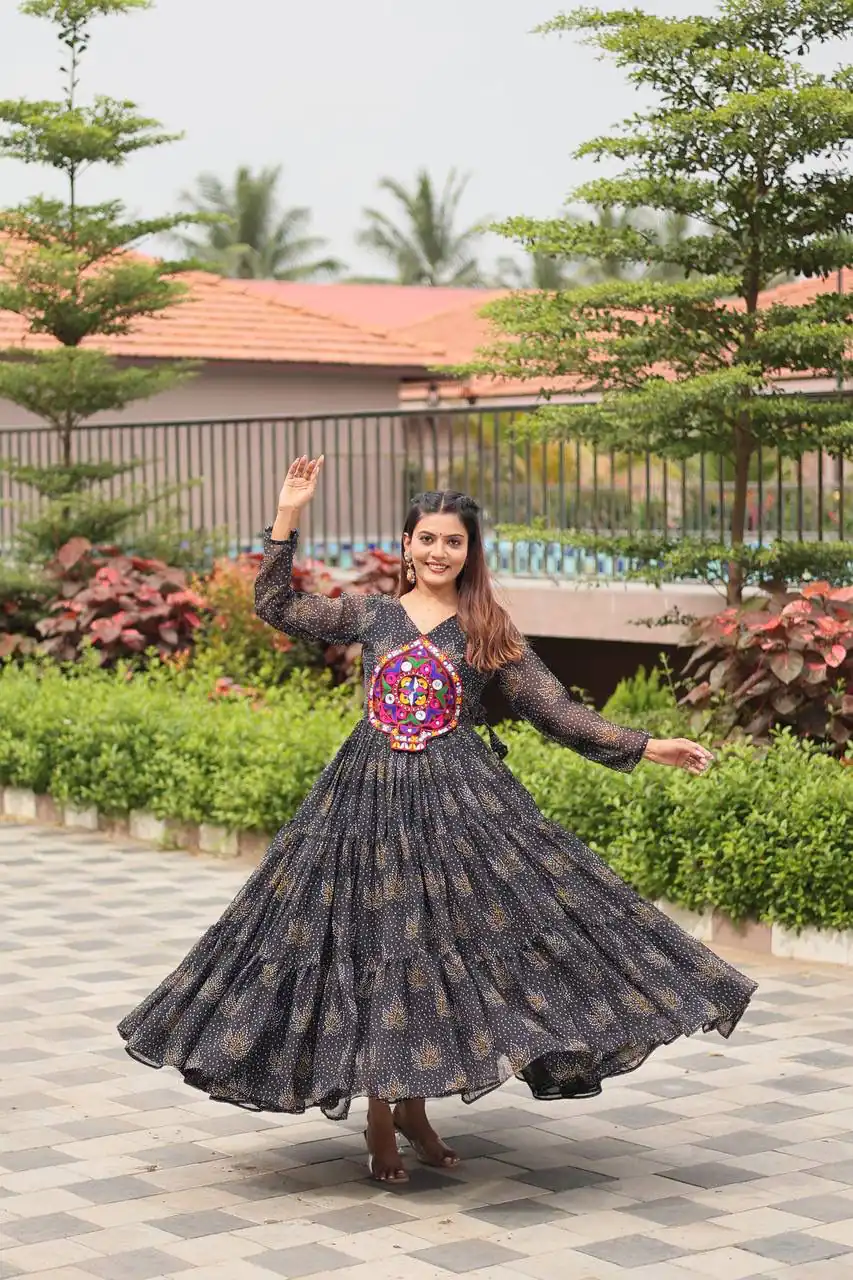 Ram 121 Black Color Faux Georgette Gown with Mirror Work. Wedding, Party, Festive, Events Get it for ₹1549. Delivery 4-6 Working Days.Online Shop now. | Bollywood Gowns, Creative Gowns, Designer Gowns, Embroidered Gowns, Gowns, Party Wear Gowns
