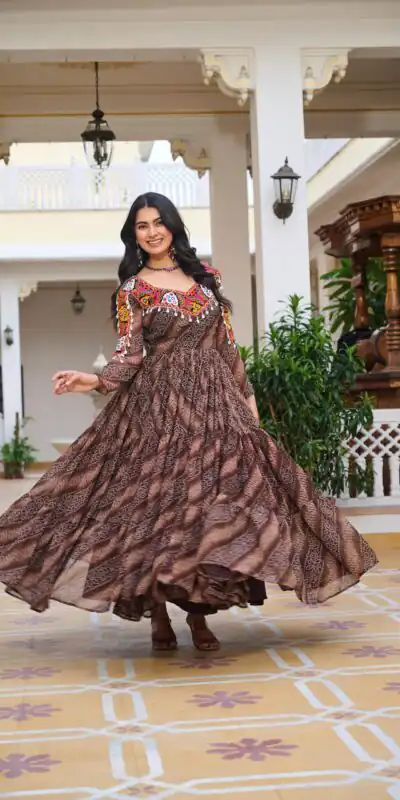 Ram 109 Brown Color Faux Georgette Gown with Mirror Work. Wedding, Party, Festive, Events Get it for ₹1999. Delivery 4-6 Working Days.Online Shop now. | Bollywood Gowns, Creative Gowns, Designer Gowns, Embroidered Gowns, Gowns, Party Wear Gowns