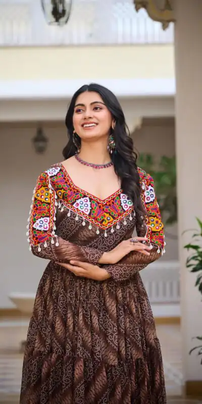 Ram 109 Brown Color Faux Georgette Gown with Mirror Work. Wedding, Party, Festive, Events Get it for ₹1999. Delivery 4-6 Working Days.Online Shop now. | Bollywood Gowns, Creative Gowns, Designer Gowns, Embroidered Gowns, Gowns, Party Wear Gowns
