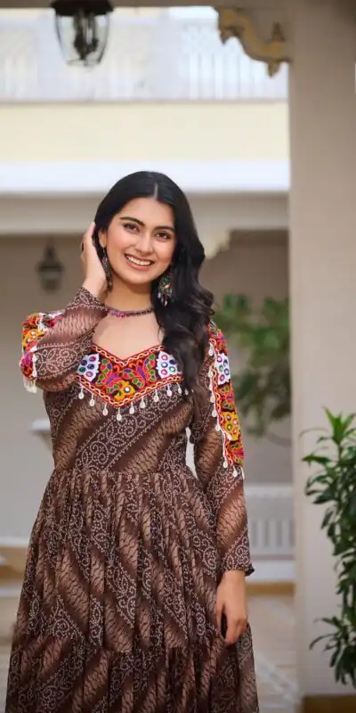 Ram 109 Brown Color Faux Georgette Gown with Mirror Work. Wedding, Party, Festive, Events Get it for ₹1999. Delivery 4-6 Working Days.Online Shop now. | Bollywood Gowns, Creative Gowns, Designer Gowns, Embroidered Gowns, Gowns, Party Wear Gowns