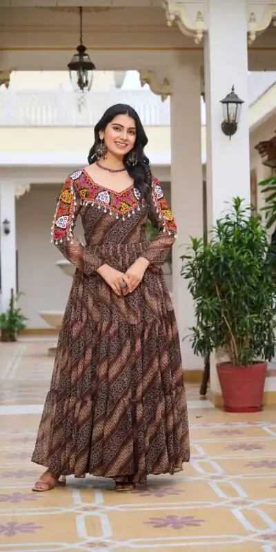 Ram 109 Brown Color Faux Georgette Gown with Mirror Work. Wedding, Party, Festive, Events Get it for ₹1999. Delivery 4-6 Working Days.Online Shop now. | Bollywood Gowns, Creative Gowns, Designer Gowns, Embroidered Gowns, Gowns, Party Wear Gowns