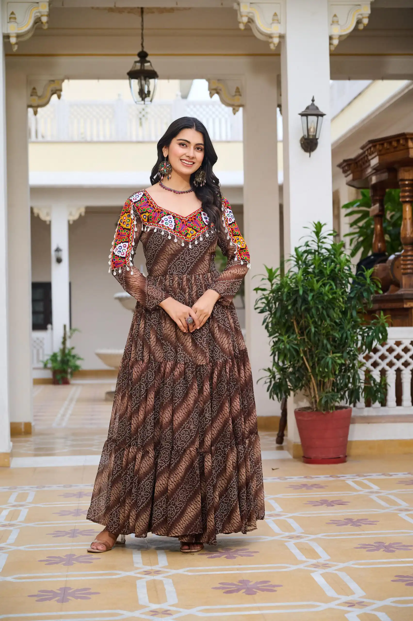 Ram 109 Brown Color Faux Georgette Gown with Mirror Work. Wedding, Party, Festive, Events Get it for ₹1999. Delivery 4-6 Working Days.Online Shop now. | Bollywood Gowns, Creative Gowns, Designer Gowns, Embroidered Gowns, Gowns, Party Wear Gowns