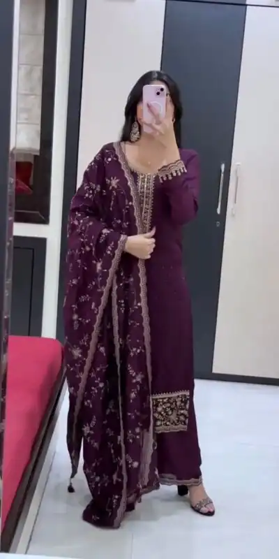 JF 048 Wine Color Georgette Salwar Suit with Designer Work. Affordable Price ₹2149. Delivery 4-6 Working Days. Online Shop now. | Jump Suits, Straight Suits, Casual Suits, Creative suits, Designer Suits, Palazzo Suits, Party Wear Suits, Patiala Suits, Salwar suit