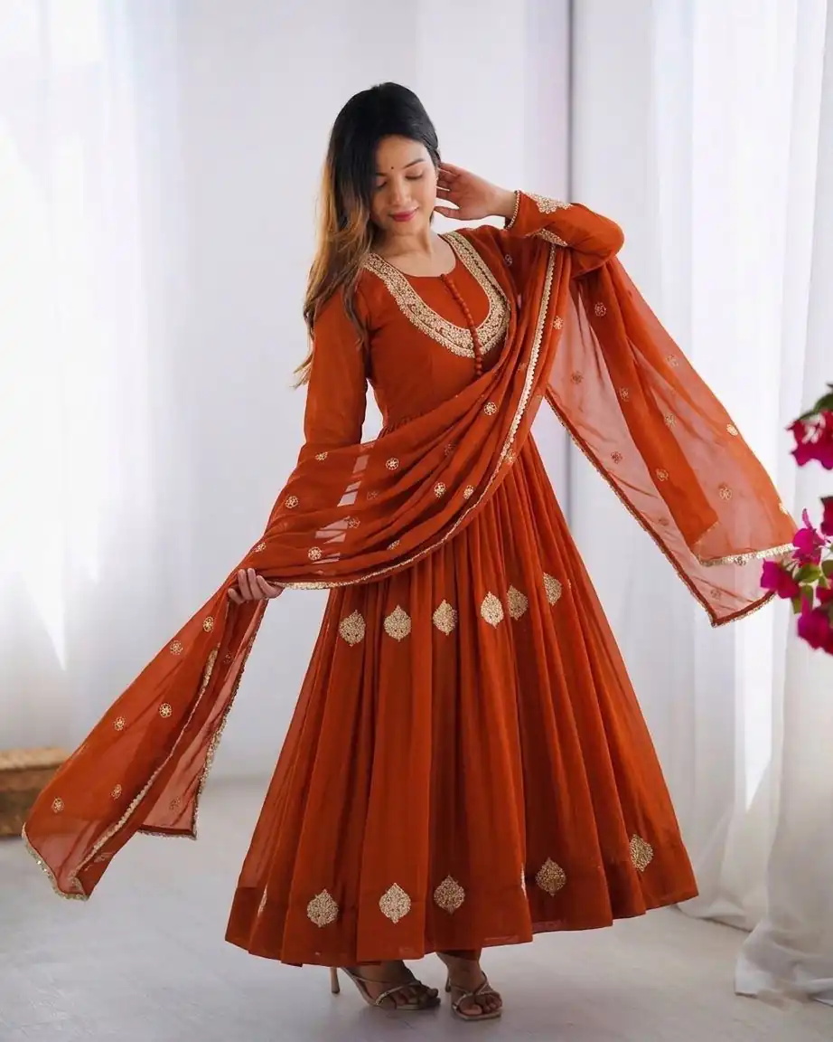 ZF 5018 Orange Color Blooming Georgette Gown With Coding Work . Get it for ₹2049. Delivery 4-6 Working Days. Online Shop now. | Bollywood Gowns, Creative Gowns, Designer Gowns, Embroidered Gowns, Gowns, Party Wear Gowns