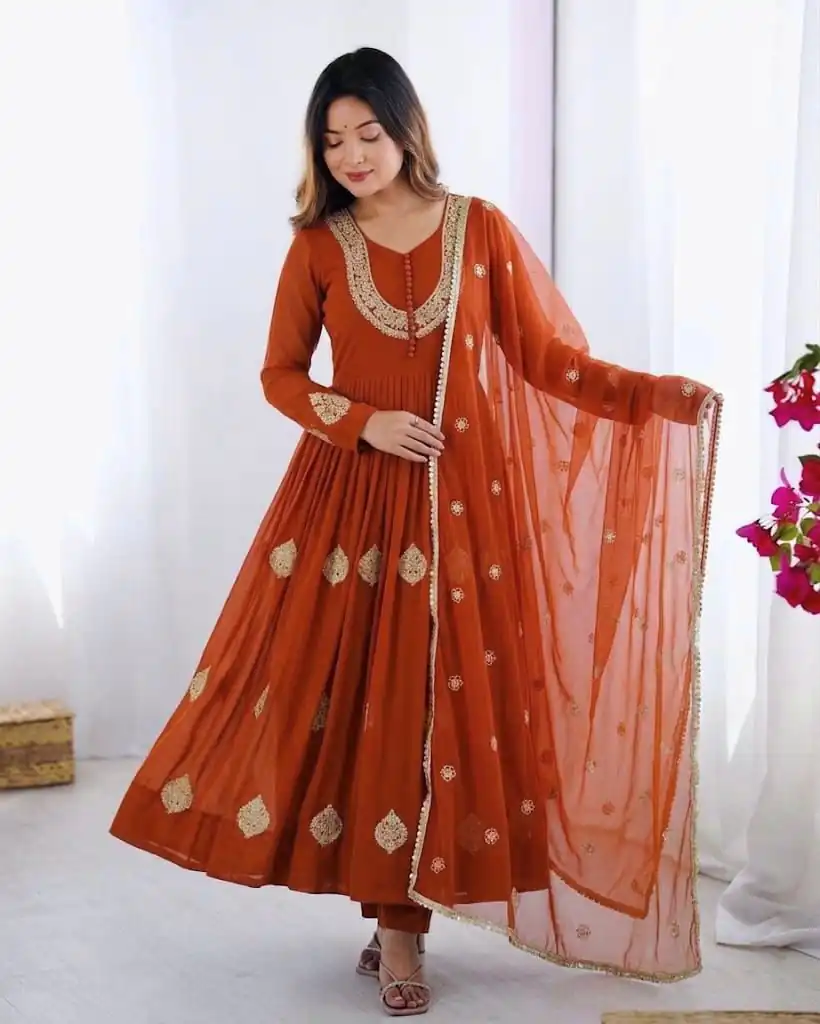 ZF 5018 Orange Color Blooming Georgette Gown With Coding Work . Get it for ₹2049. Delivery 4-6 Working Days. Online Shop now. | Bollywood Gowns, Creative Gowns, Designer Gowns, Embroidered Gowns, Gowns, Party Wear Gowns