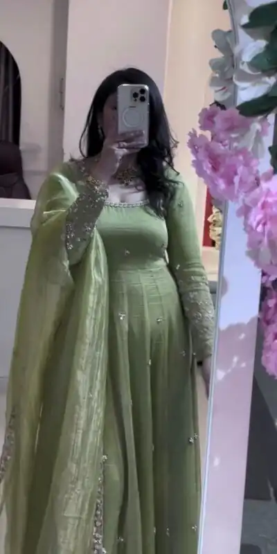 VLM 339 Parrot Green Crunchy Silk Gown Perfect for Wedding, Party, Housewarming, Haldi, – . Best Price ₹2149. Delivery 4-6 Working Days. Shop now. | Bollywood Gowns, Creative Gowns, Designer Gowns, Embroidered Gowns, Gowns, Party Wear Gowns