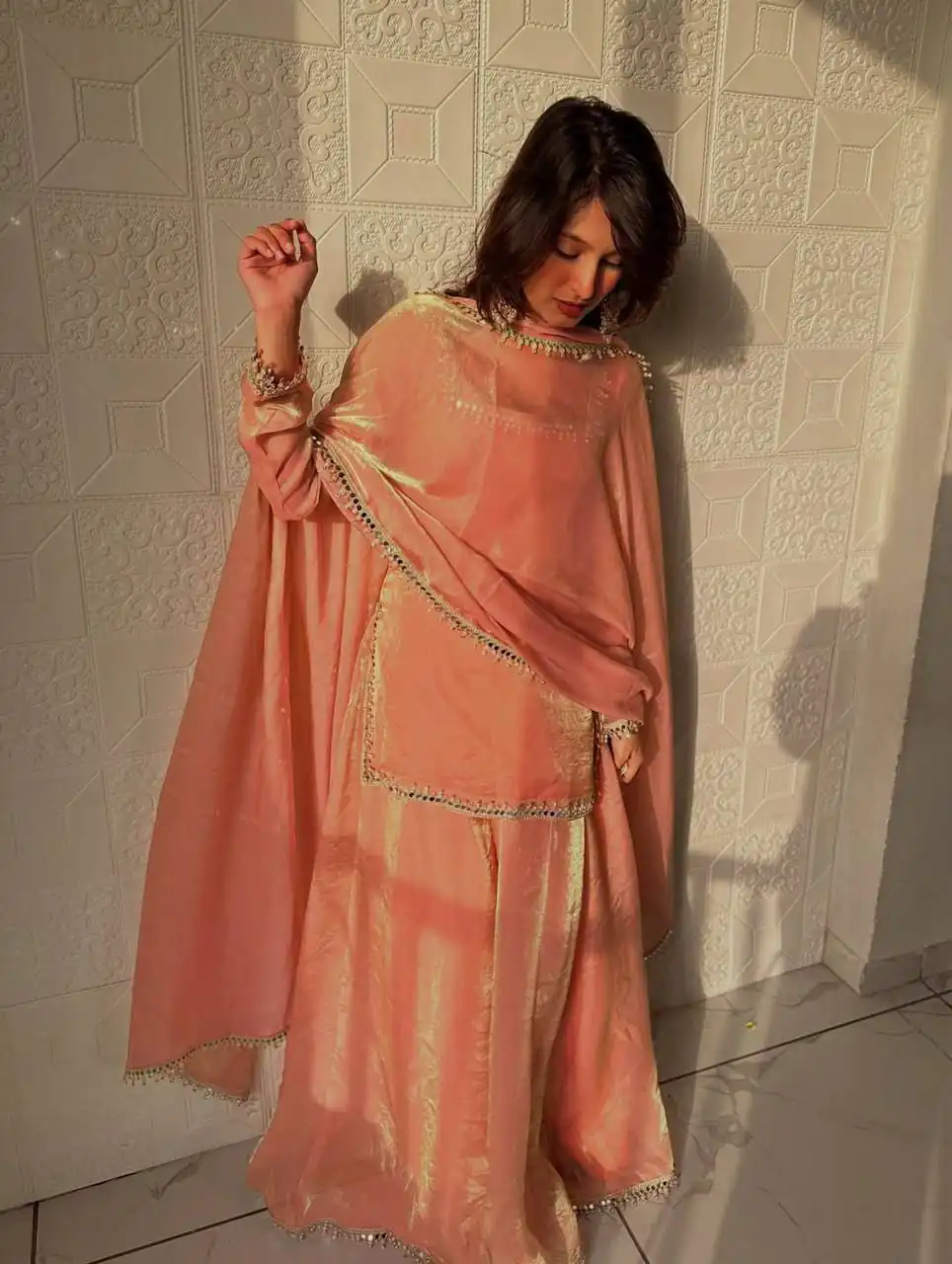 ZB 5063 Peach Fandy Silk Salwar Suit with Embroidery Work. Wedding, Party, Festive, Events Now at just ₹1949. Delivery 4-6 Working Days. Shop now. | Jump Suits, Straight Suits, Casual Suits, Creative suits, Designer Suits, Palazzo Suits, Party Wear Suits, Patiala Suits, Salwar suit